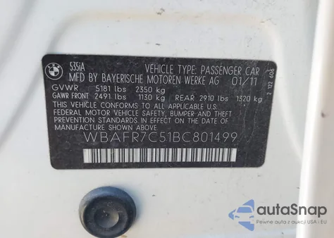 2011 BMW 535I from USA, damaged, VIN WBAFR7C51BC801499